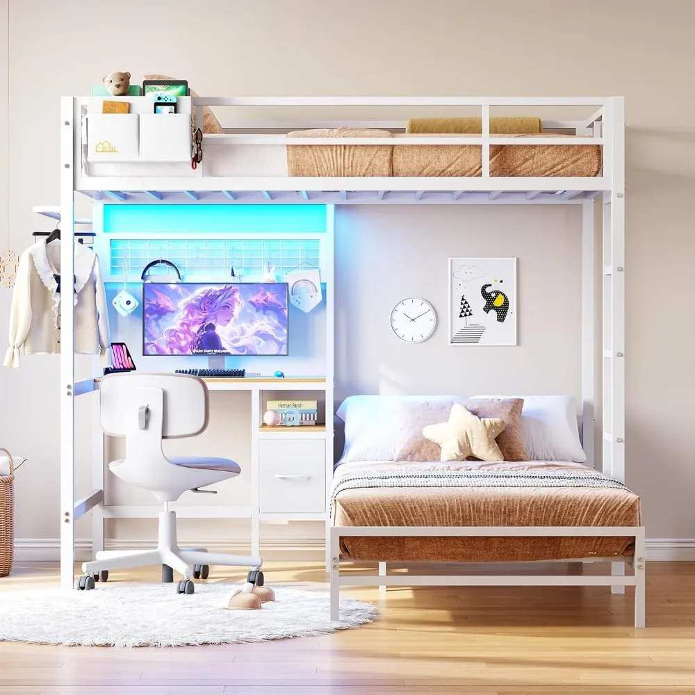 Twin Size Bunk Bed with Desk and Charging Station Metal Loft Bed with Led Lights & Storage Shelves and Drawers L-Shaped