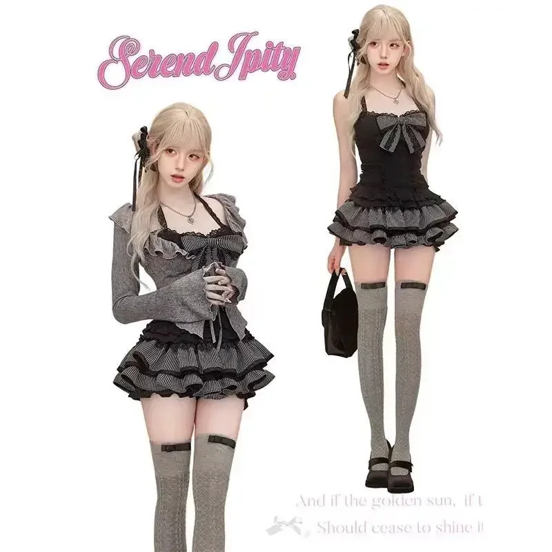 Herbst Winter Frauen Süße Lolita Spitze Up Rüschen Strickjacke Sexy Slim Fit Liebsten Weste Mode Geraffte Röcke Drei Stück SetsY2k