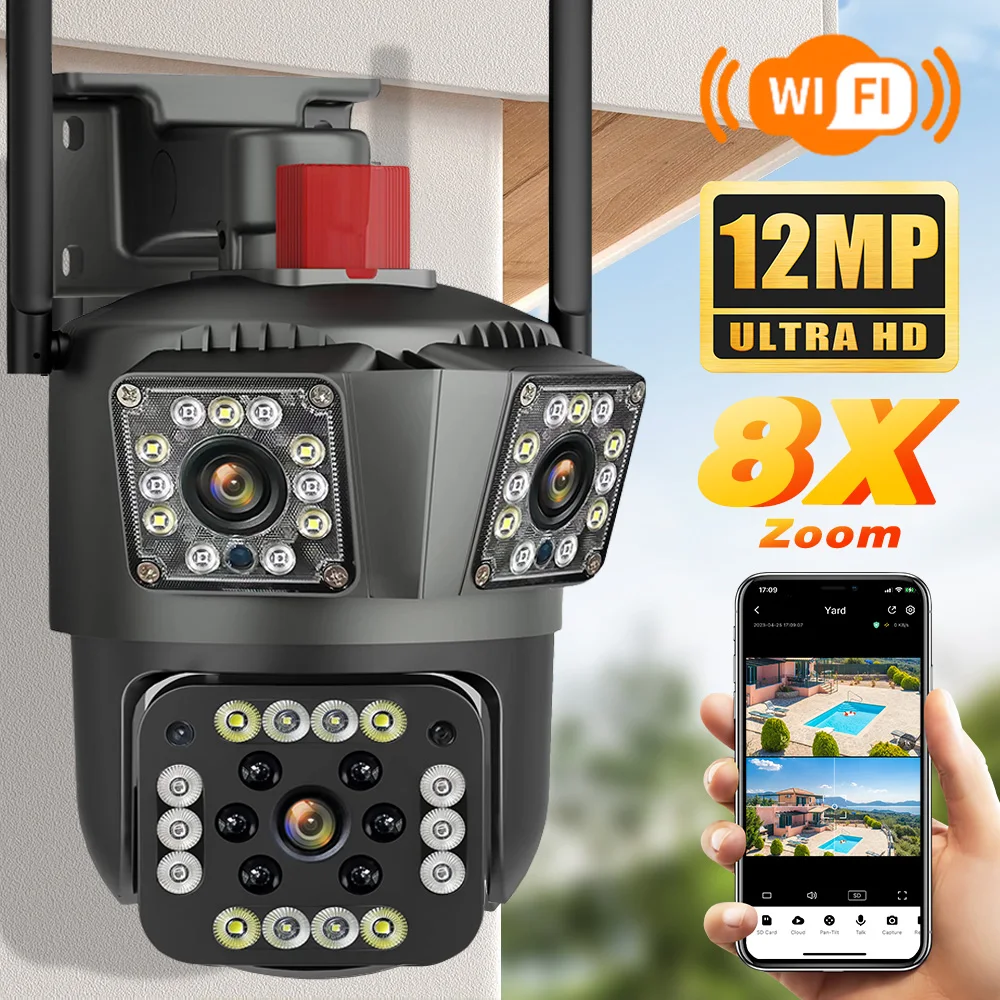 Cámara HD 8MP PTZ WiFi 4K 6K 12MP tres pantallas 8X Zoom protección de seguridad detección humana de movimiento IP CCTV vigilancia al aire libre
