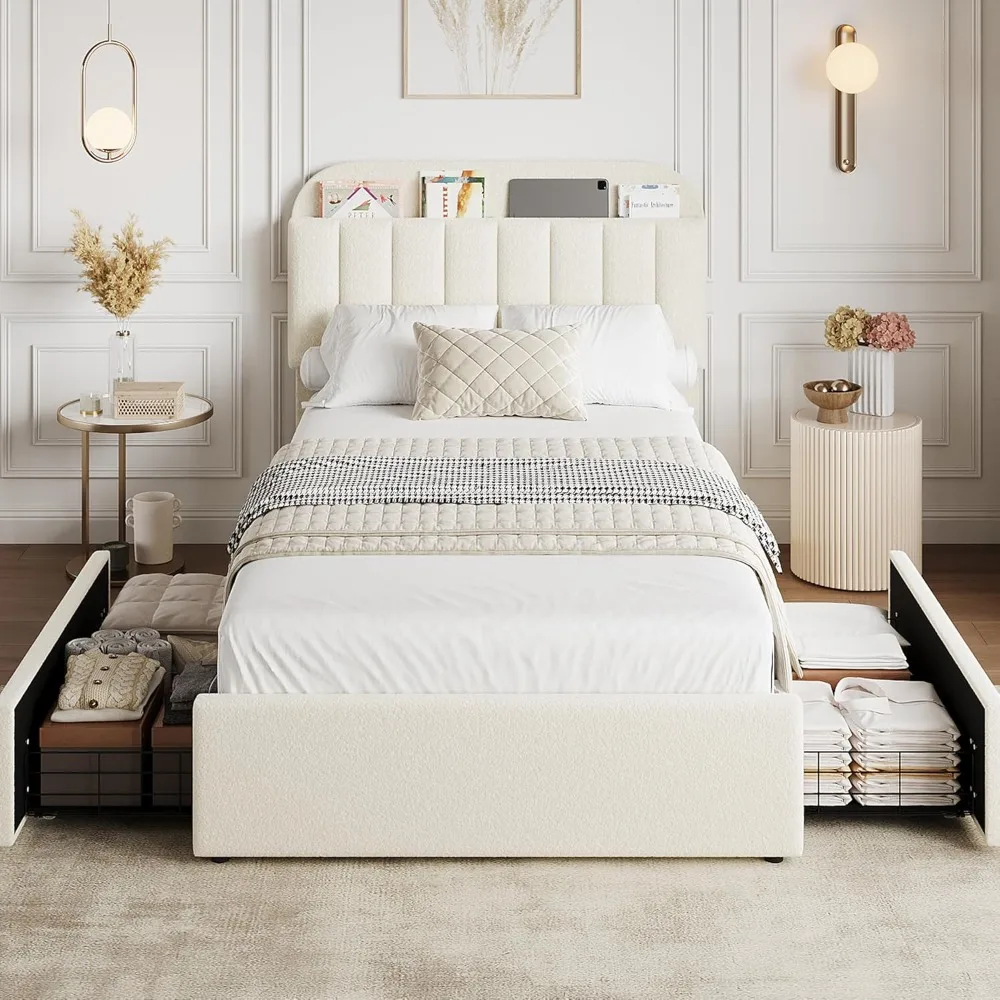 Twin Bed Frame with Storage Headboard, Kids Bed Frame with 2 Drawers, Boucle Upholstered Platform Bed with Bookcase,