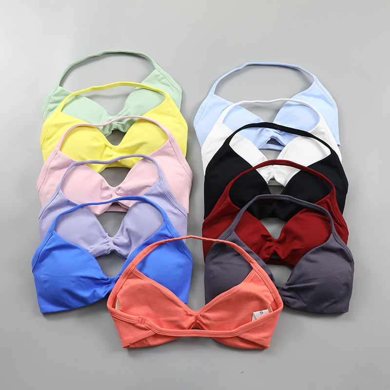 Sujetador de tiras de impacto para mujer, sujetadores deportivos de Yoga con cuello Halter fruncido, Top corto de gimnasia sin costuras con espalda descubierta y almohadillas extraíbles