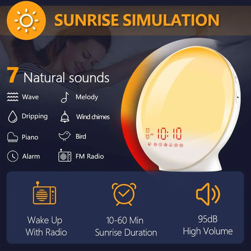 Sveglia del risveglio di simulazione del tramonto dell'alba con luce d'atmosfera colorata e funzione radio FM. Tune sonore naturali rilasciate