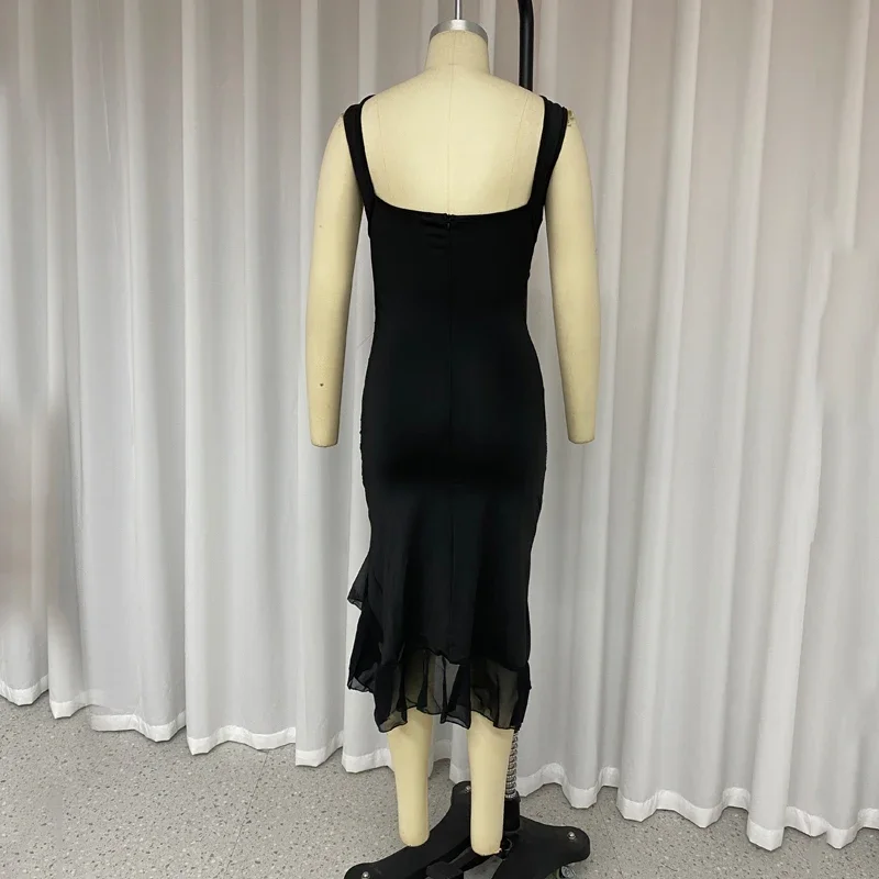 Wefads 女性マキシドレス夏エレガントな固体ノースリーブニップウエストスリムバックレスフリル不規則なパーティードレスストリート