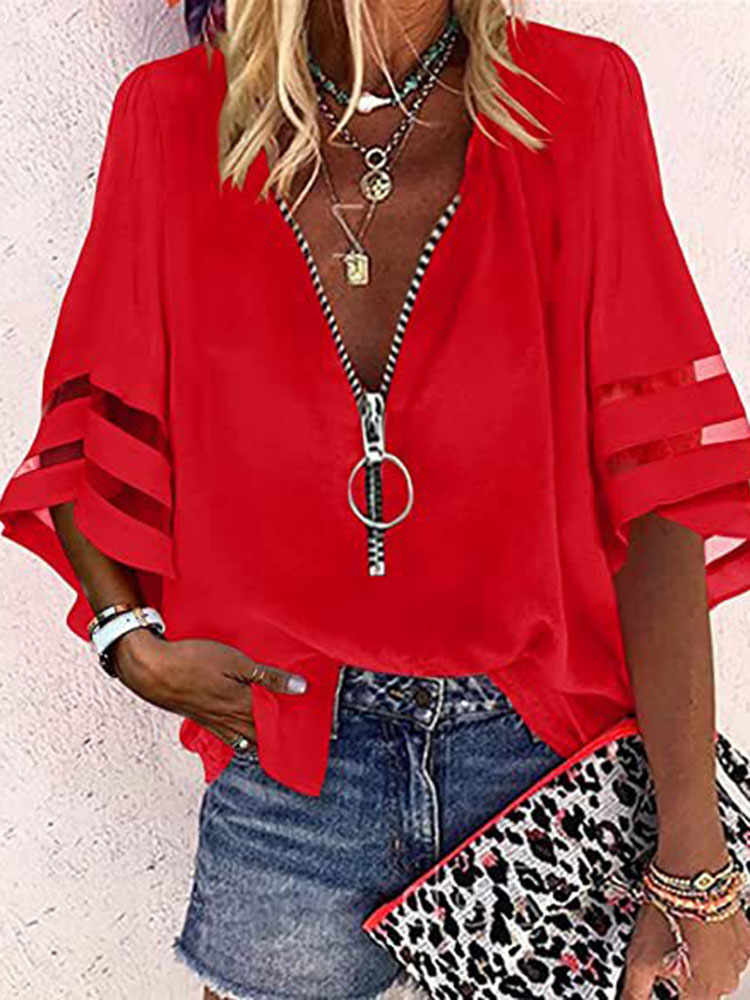 夏のシャツエレガントな女性のレースのパッチワークフレアスリーブメッシュ白ブラウス女性ジッパー V ネックルーズカジュアルトップスストリート女性