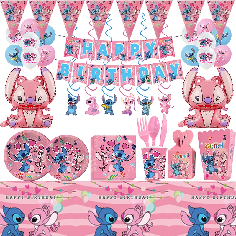 Decoraciones para fiesta de cumpleaños de punto rosa de Disney, vajilla desechable para niña, globo, adorno para pastel, manteles, suministros para Baby Shower