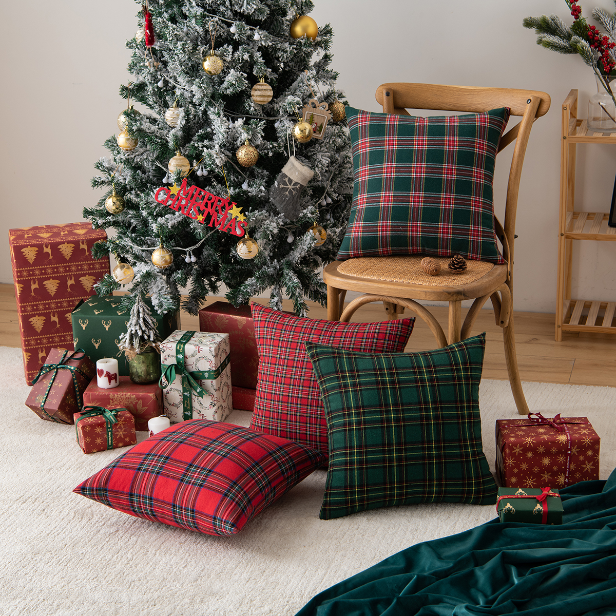 45x45cm fronhas quadradas natal escocês tartan xadrez capas de almofada cama sofá almofada festa decoração floco de neve lance fronha