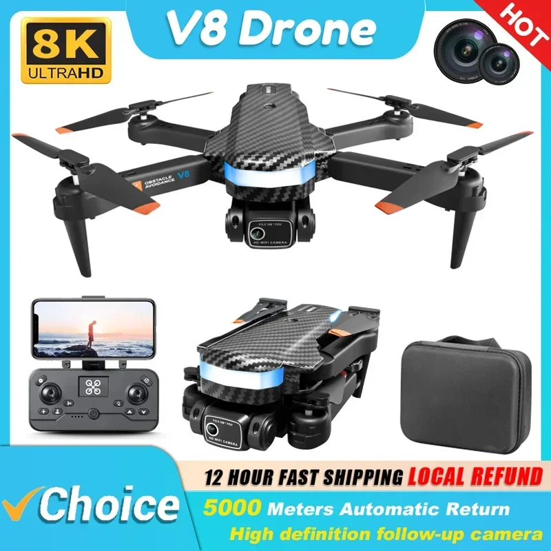 Novo v8 drones profissional 8k câmera hd mini4 drone profissional fotografia aérea de três lados evitar obstáculos quadcopter brinquedo