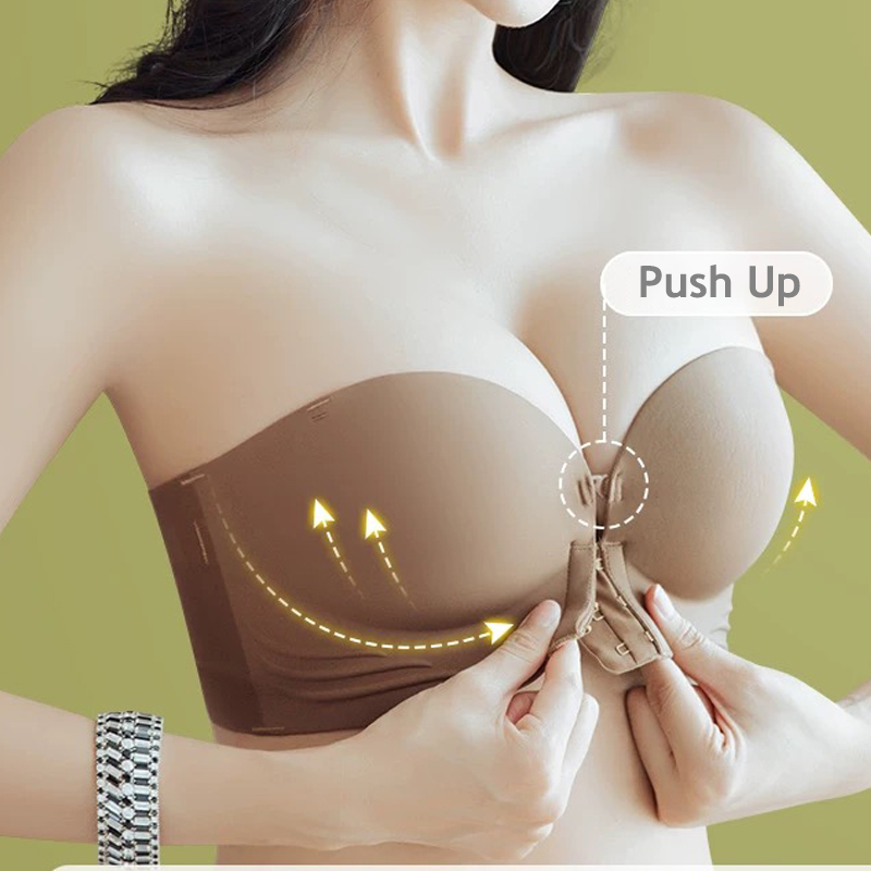 Sujetadores sin tirantes con cierre frontal para mujer, sostén push-up sin costuras, ropa interior gruesa y suave, lencería Invisible ajustable de Color sólido