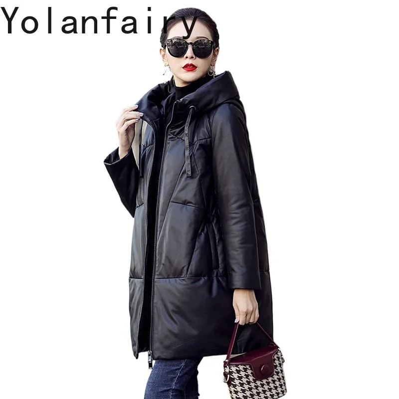 Yolanfee Echt leder Schaffell trägt Mode Frauen Kleidung Winter Kapuze lange Daunen Mäntel neue Jaqueta de Couro Feminina