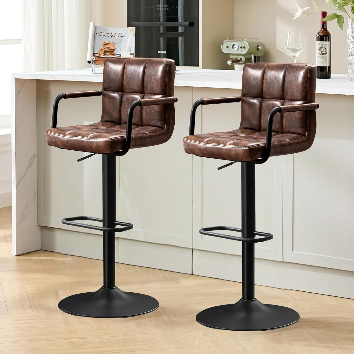 Set of 2, Barstuhl höhenverstellbar aus PU-Leather, 360 ° Swivel Chair Kitchen Chair with Armrest, Backrest and Footrest for Kitchen, W