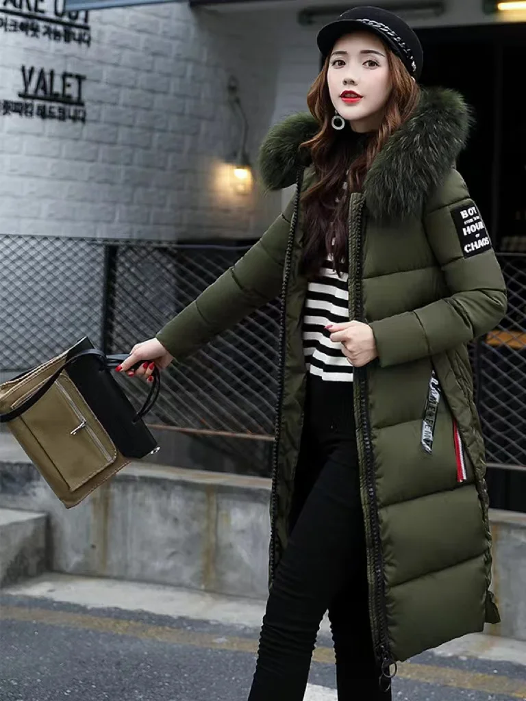 Parkas de invierno para mujer, chaqueta con cuello de piel grande, abrigo grueso y delgado, prendas de vestir exteriores de algodón con capucha a la moda, Chaqueta larga de otoño para mujer 2024