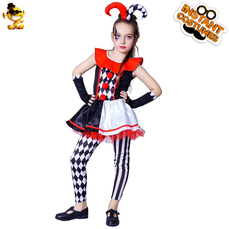 女の子のためのハロウィーンの衣装,市松模様のピエロの衣装,悪魔のようなスカート,パフォーマンスの衣装,頭飾り,パンツ,コスプレパーティードレス