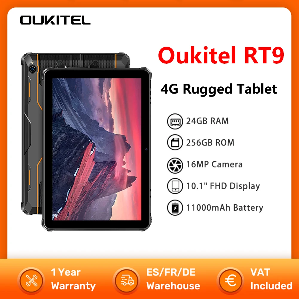Oukitel RT9 Robustes TabletRugged Tablet 10,1-Zoll-HD-Display 24 GB RAM 256 GB wasserdichtes Tablet 11000 mAh Akku Android 14.0 Tablet-PC
