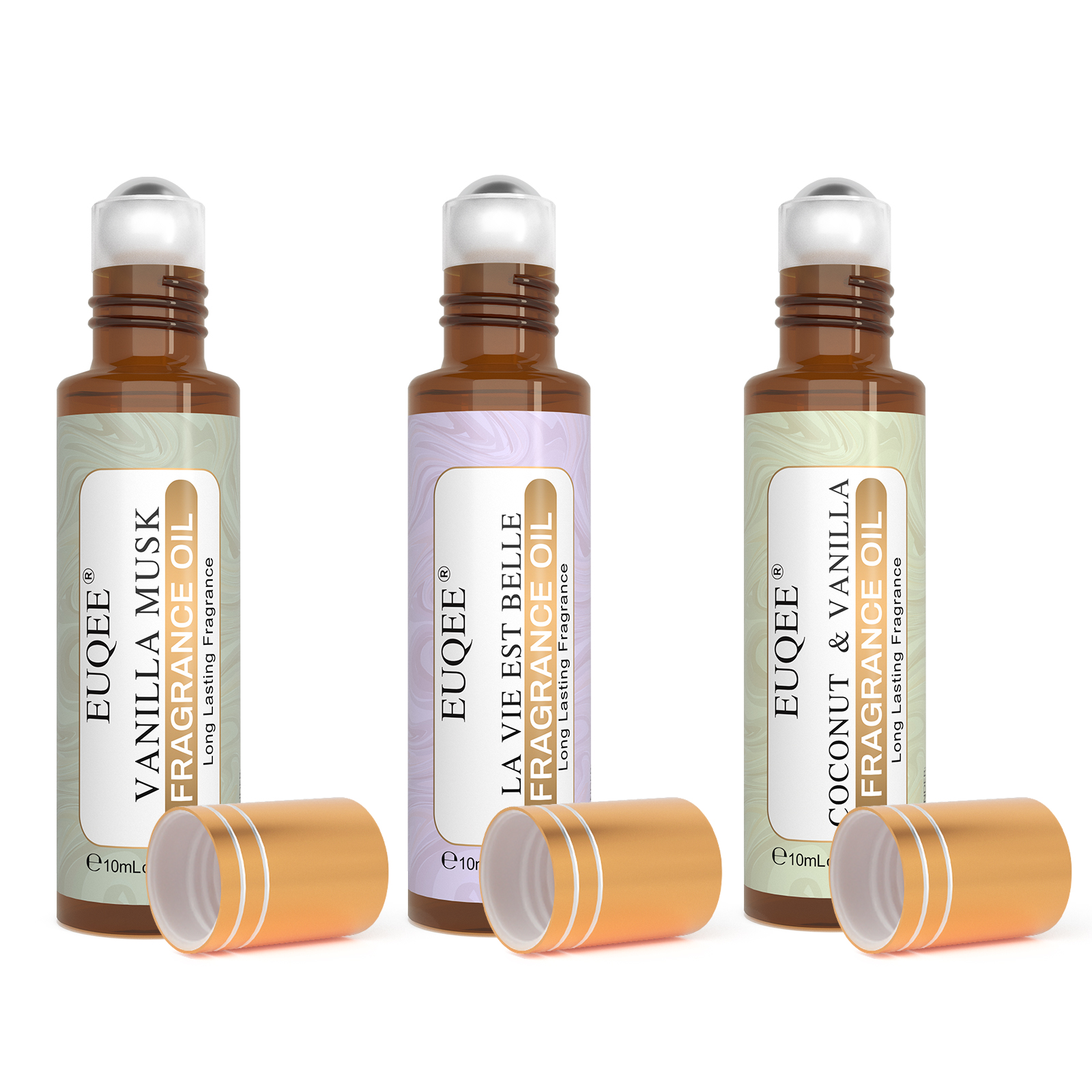 Euqee 3 pçs óleos de fragrância roll-on perfume de longa duração coco & baunilha almíscar branco bebê em pó linho fresco oud madeira âmbar romance