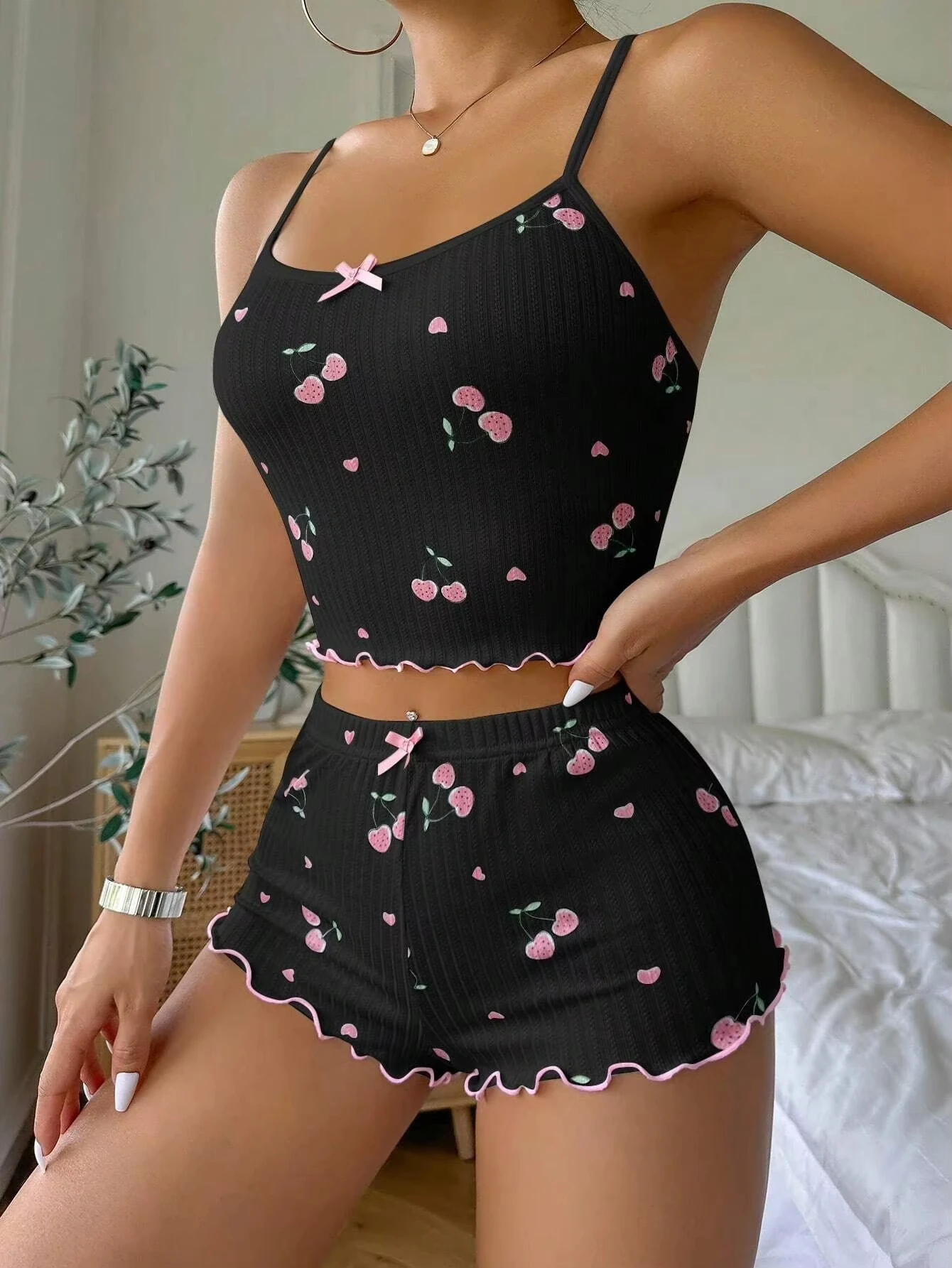 Nachtkleding Dames Zomer Pyjama Set Hartprint Sexy Geribbeld Strik Decor Ronde Hals Backless Crop Cami Top & Shorts Nachtkleding Nieuw
