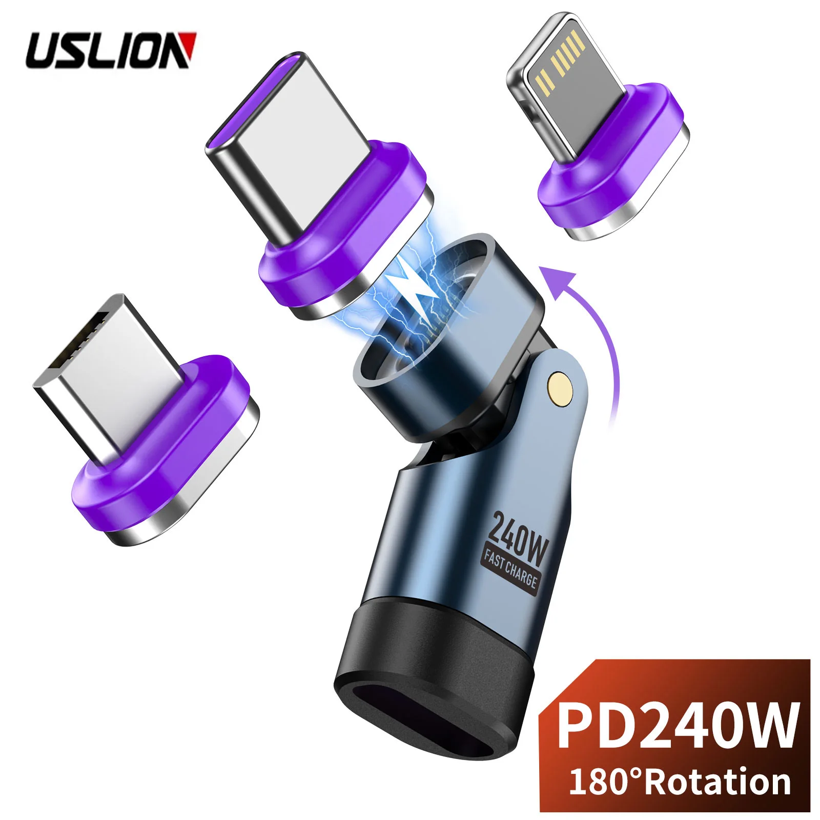 USLION 240W Magnetic Type C to Lightning Adapter 16Pin USB-C to Type-C Fast Charging Converter for iPhone Samsung Xiaomi Macbook
