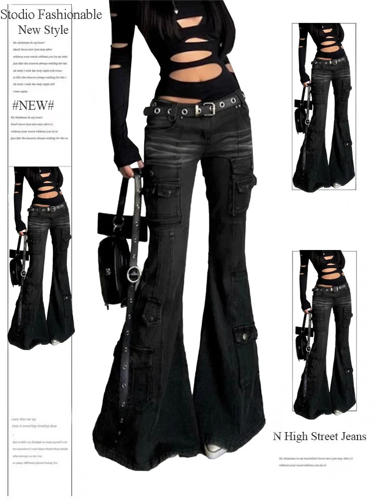 Frauen Dark Academia Gothic Grunge Low Waist Cargo Flare Denim Hosen Japanische Abi Y2k Harajuku Bell-Bottom Jeans Goblin Core