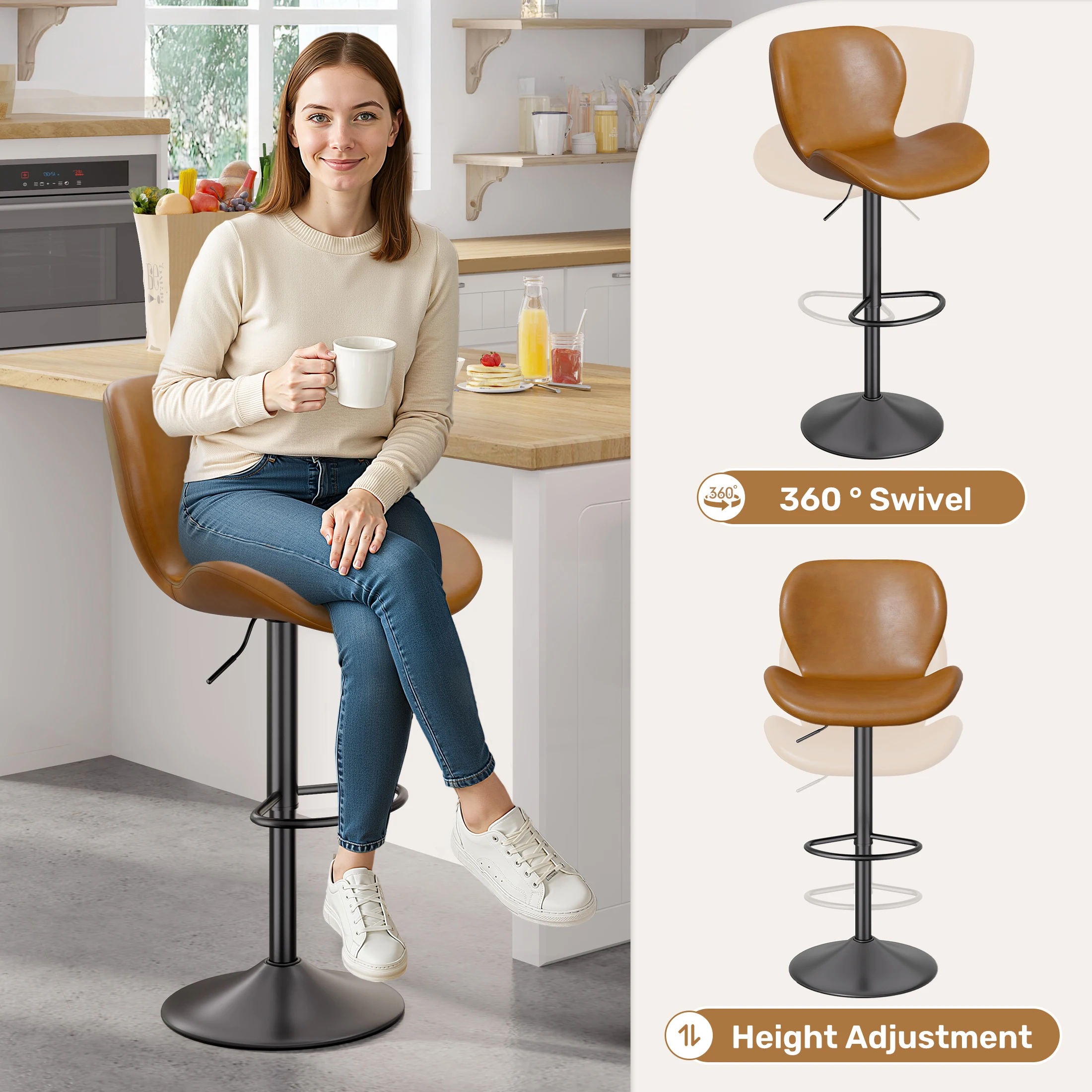2Pcs Swivel Bar Stools, PU Leather Upholstered Barstools with Back & Footrest, Seat Adjustable Height，  For Bar Kitchen Island