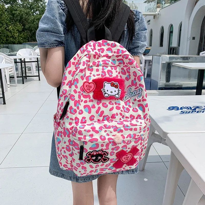 Mochila Hello Kitty Cartoon para menina, leopardo bonito, estilo japonês
