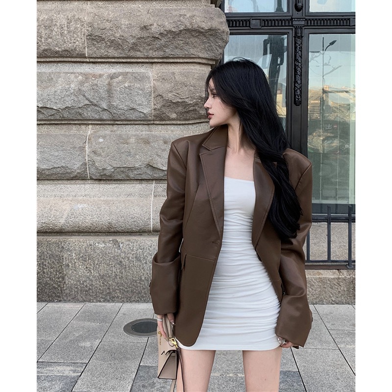 Veste en similicuir PU pour femme, Blazer combiné, Vestes à col rabattu, Manteau à point ouvert, Maxi, Décontracté, Élégant, Punk, Streetwear Y2k