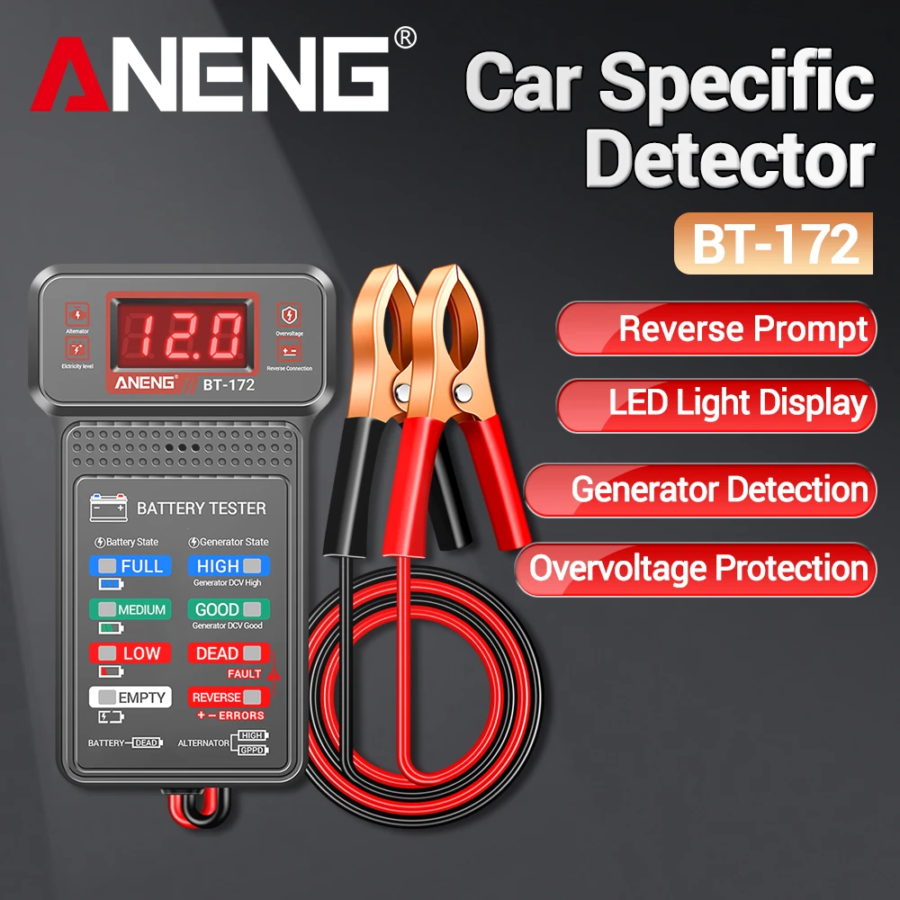 Probador de carga de batería de coche ANENG BT-172 medidor de voltaje pantalla Digital Monitor de batería de coche amperímetro con herramienta de pinzas de cocodrilo