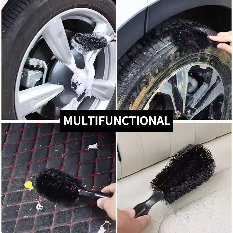 Escova de roda de carro com cabo simples, cerdas macias, anel de aço, detalhe, escova de limpeza, ferramenta de suprimentos de lavagem de carro