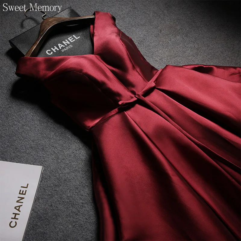 F279-vestido de satén rojo vino con cuello en V para mujer, vestido de fiesta de boda con cordones, sin mangas, sin espalda