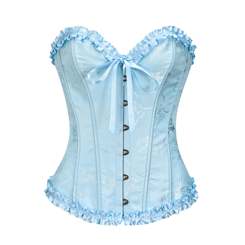 XS-6XL Blue Jacquard Ruffles Trim Sexy Overbust Corset For Women Plus Size Gothic Clothes Slim Waist Body Shaper Bustier Femme