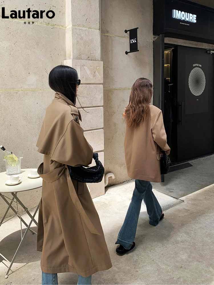 Lautaro 春秋特大カーキロンググレートレンチコート女性のためのダブルブレストルーズカジュアル韓国ファッションオーバーコート 2024