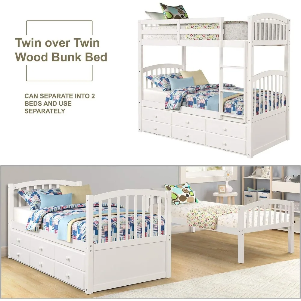Twin Over Twin Bunk Bed with Twin Trundle, 3 Storage Drawers, Safety Rail, and Removable Ladder, Can be Separated into 3 Bed