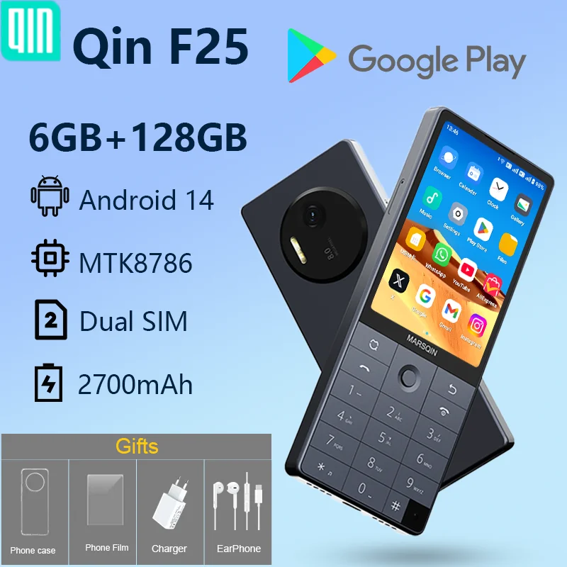 Qin F25 MTK8786 Google Play Android 14 tarjetas SIM duales 6GB + 128GB 2700mAh WIFI Bluetooth táctil pantalla de 3,54 pulgadas