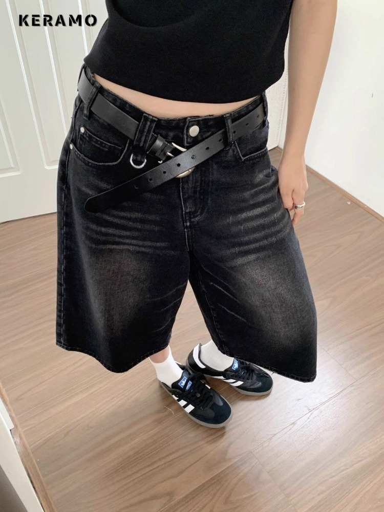 Pantalones cortos vaqueros lavados Retro negros de cintura alta Vintage Harajuku, moda informal holgada para mujer, ropa de calle Y2K, pantalones cortos de longitud media