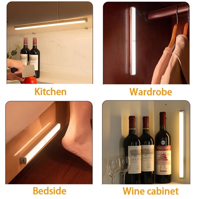 Luz LED nocturna inalámbrica con Sensor de movimiento, luz recargable tipo C, lámpara para armario, retroiluminación de escalera para cocina