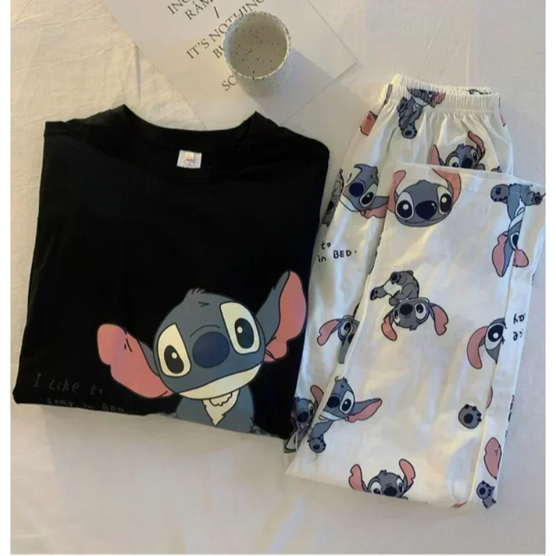 ディズニーステッチ秋の純粋な綿の新しい長袖ズボン 2 点セット女性のパジャマシルクパジャマ女性の部屋着セット