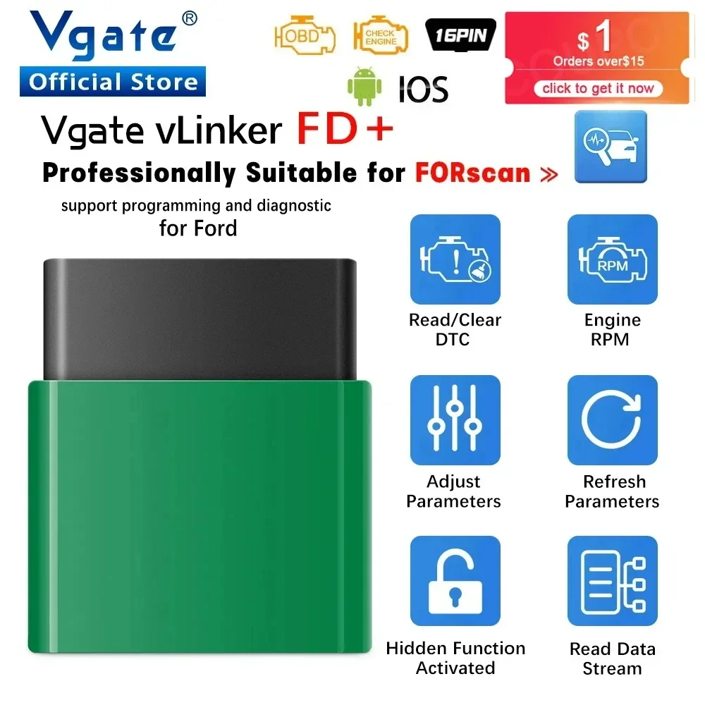 Vgate-herramienta de diagnóstico de coche vLinker FD ELM327 FORScan para Ford, wifi, Bluetooth 4,0, OBD2, escáner OBD 2 J2534 PK ELM 327 V 1 5