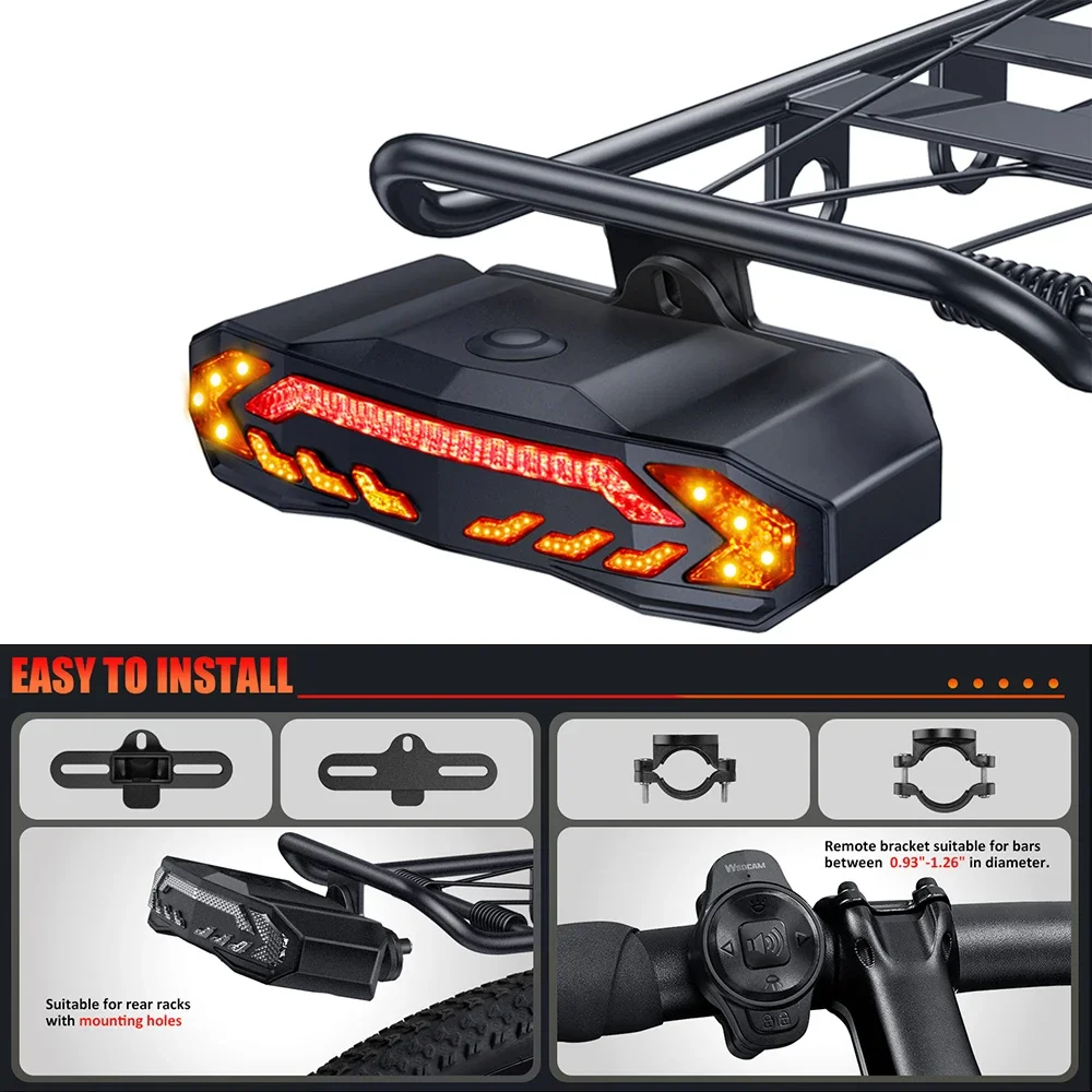 Waterproof Bicicleta Burglar Alarm Taillight, lâmpada traseira, Turn Signal Aviso, Luz de freio automático, USB Charge, Scooter, Bicicleta, IP65, Novo