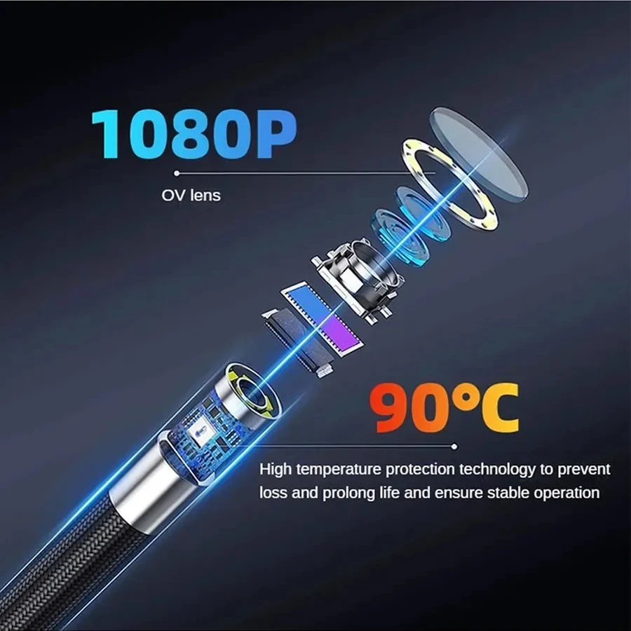 Endoscópio com buraco de manutenção automática para carro, 1080p, 6.3mm, câmera de inspeção de direção de 180 graus com 8 led, ferramentas portáteis ip67