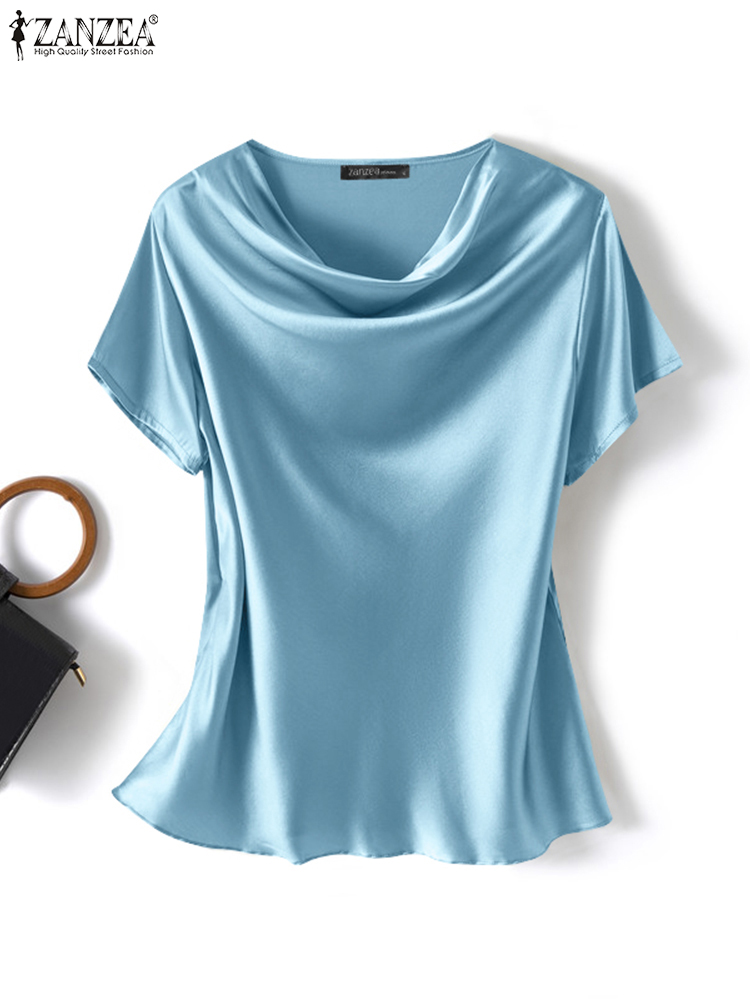Mulheres blusas de verão zanzea 2024 moda cetim topos manga curta blusas femininas o pescoço casual casa wear túnica chemise oversized