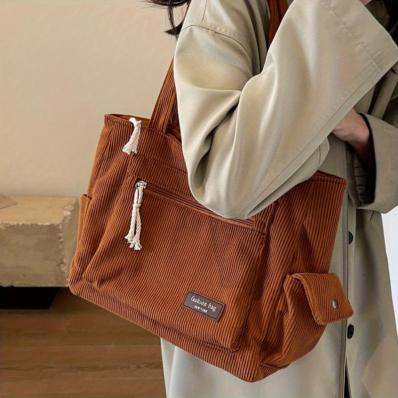 Simple Corduroy Tote Bag, Solid Color Shoulder Bag, Retro Multi Pockets Handbag For School Work Shopping
