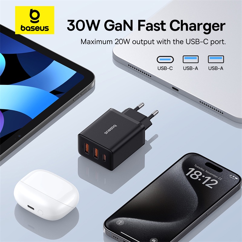 Baseus 30 W USB-Ladegerät QC3.0 PD3.0 Typ C PD Schnellladung 3 Ports Schnellladegerät für iPhone 15 14 13Pro Max Xiaomi Samsung