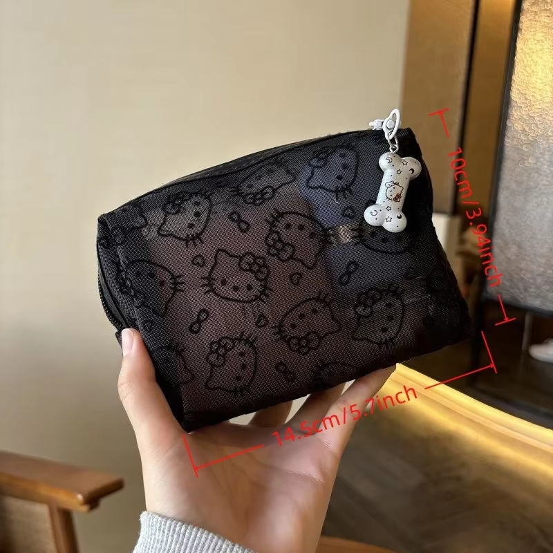 กระเป๋าแต่งหน้า Hello Kitty ตาข่ายสีดํา - กระเป๋าเครื่องสําอางพกพาน่ารักพร้อมความจุขนาดใหญ่ ออแกไนเซอร์ที่ทนทานสําหรับการเดินทาง