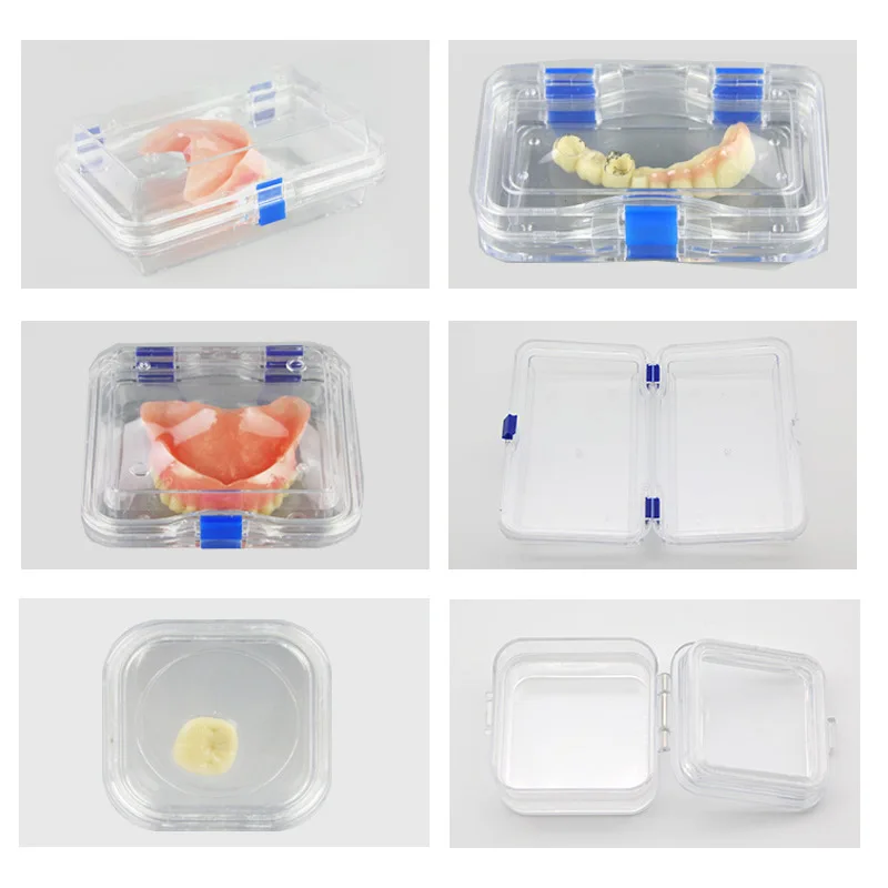 Scatola di plastica trasparente per protesi, scatola per protesi, con membrana a pellicola, cerniera colorata per corone e ponti