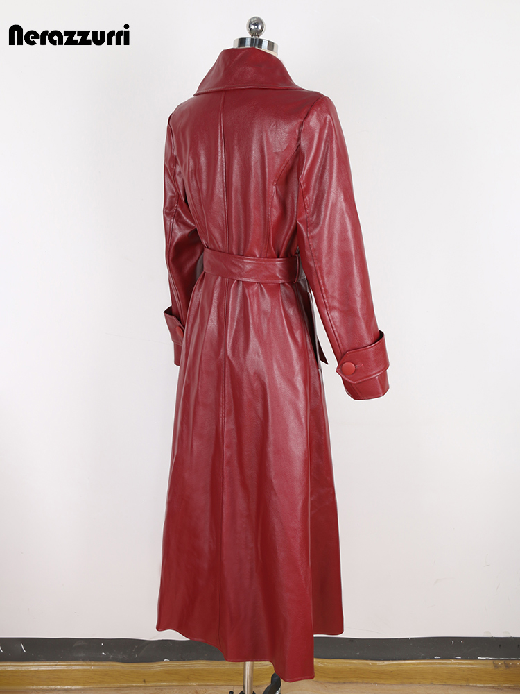 Nerazzurri 春秋フィットロング Pu レザートレンチコート女性のためのサッシシングルブレストエレガントシックな高級服 2024