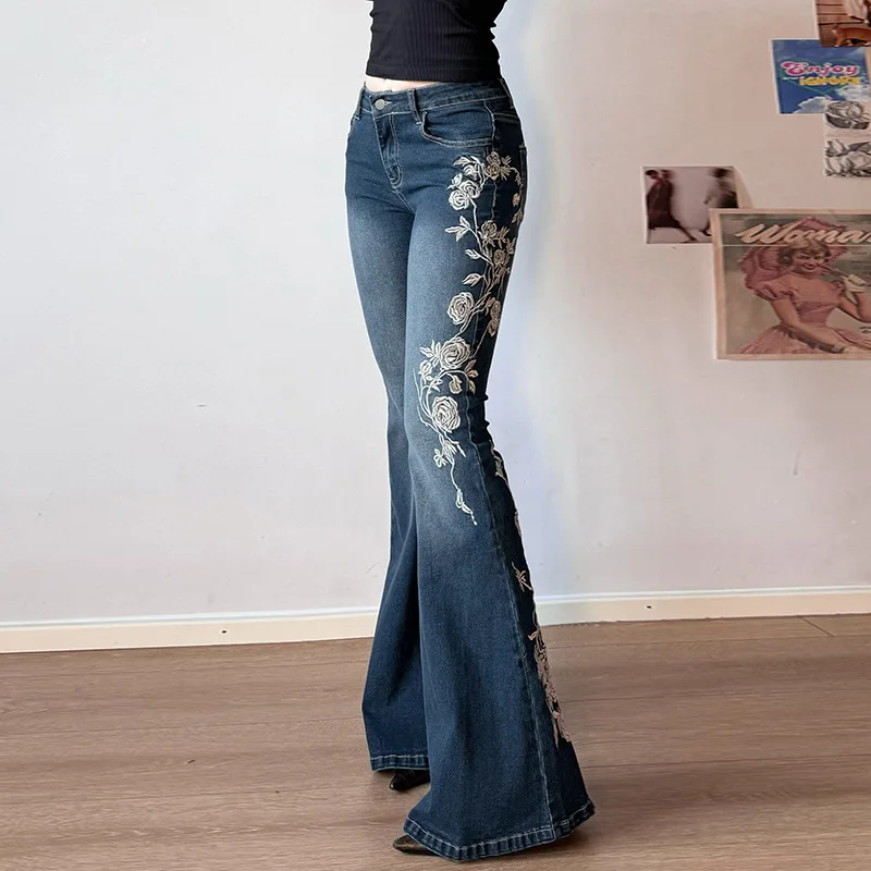 Schlaghose, Jeans, Damen, Stickerei, Boot-Cut, niedrige Taille, gewaschene Distressed-Taschen, bodenlang, Streetwear, 2022, Denim-Hose