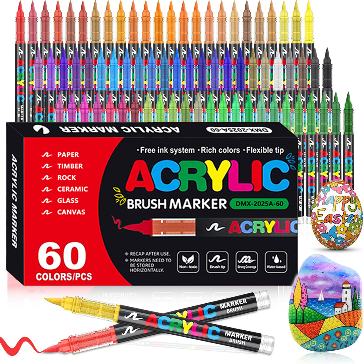 12/24/36/48/60 Colors Acrylic Brush Markers Soft Brush Tip Paint Markers Pen For Painting DIY Stone Canvas Art School Supplies