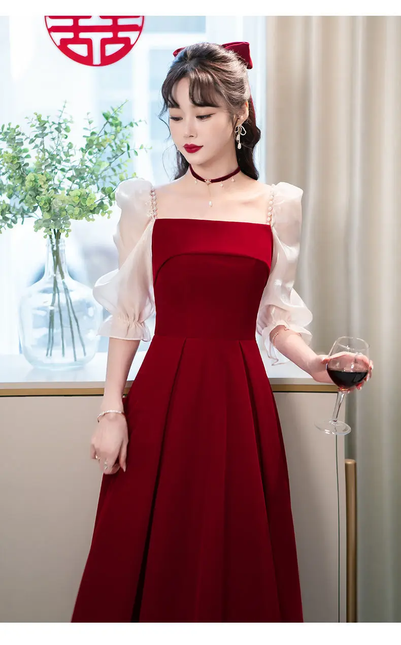 ワインレッドの高級サマードレス、小さな夏のスカート、トーストドレス、花嫁のために、毎日の婚約ドレスに着用、2021