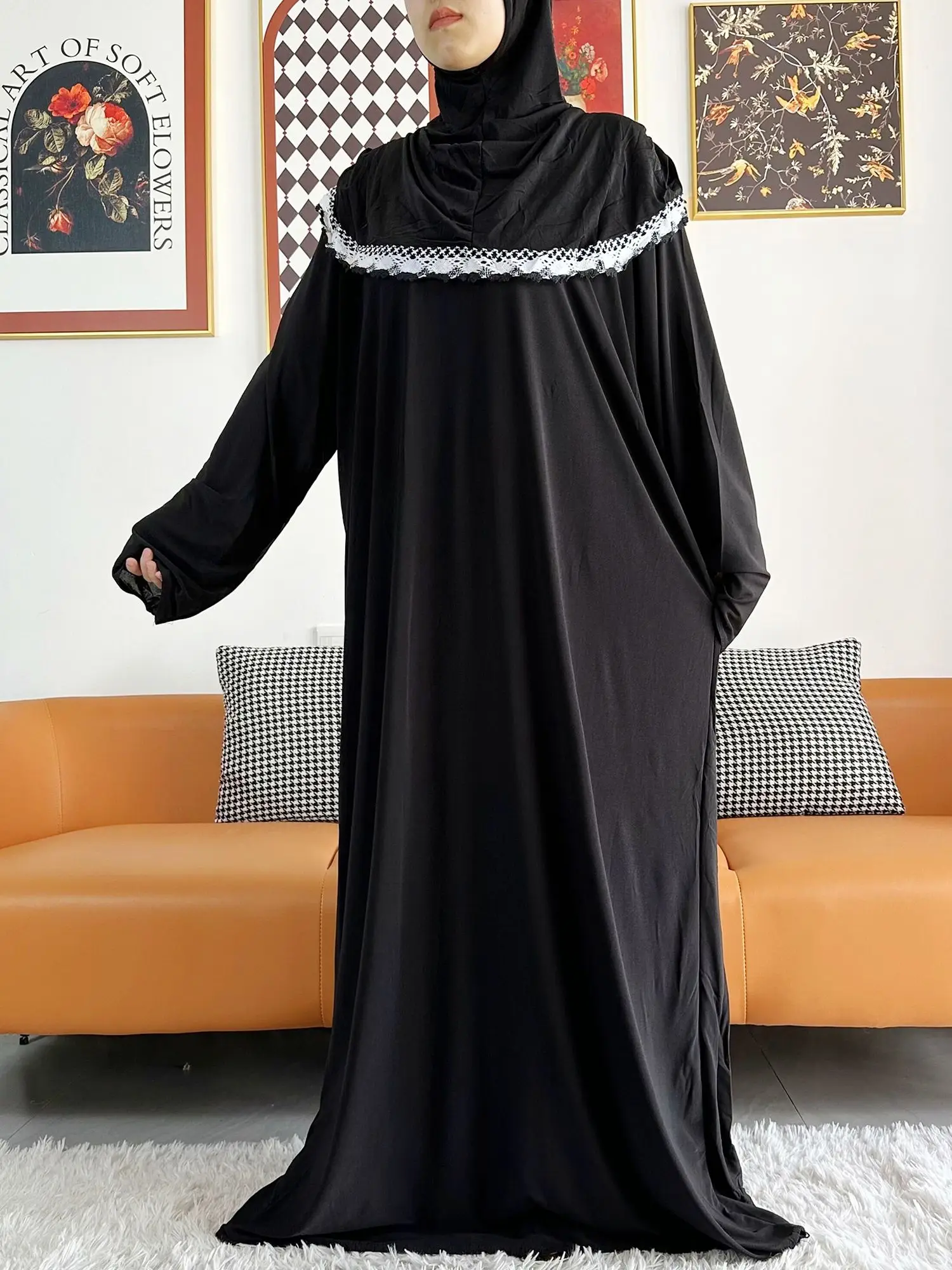 2023 イスラム教徒固体綿アバヤ女性のためのラマダン祈り衣服ジョイント帽子ドバイトルコ中東ファムローブ花ルーズドレス