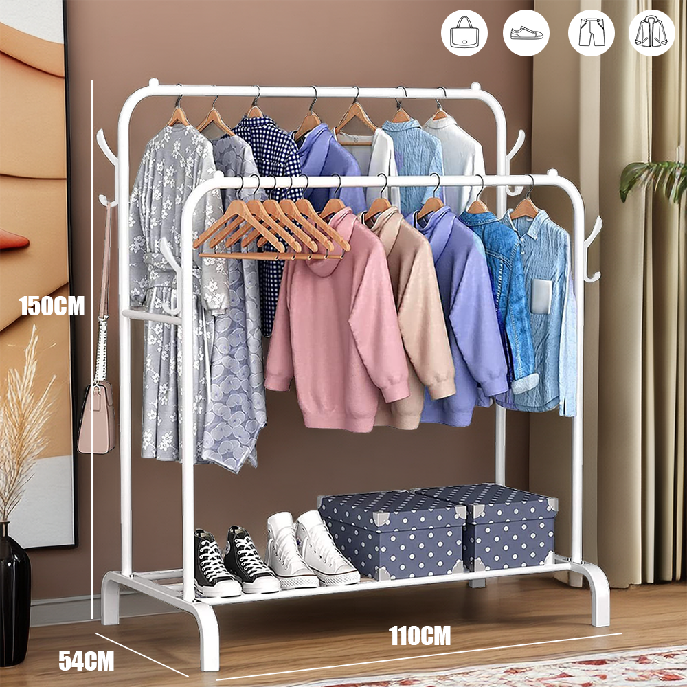 Double Rail Standing Clothes Rack Clothes Rail Shoes Rack Storage Shelf Wall Clothes Rack for Wardrobe Room Bedroom Living Room