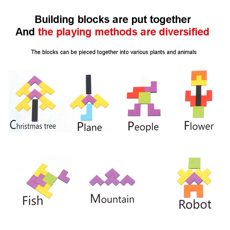 Wooden Blocks Puzzle Brain Teasers Toy Tangram Jigsaw Intelligence Colorful 3D Russian Blocks Montessori Educational
