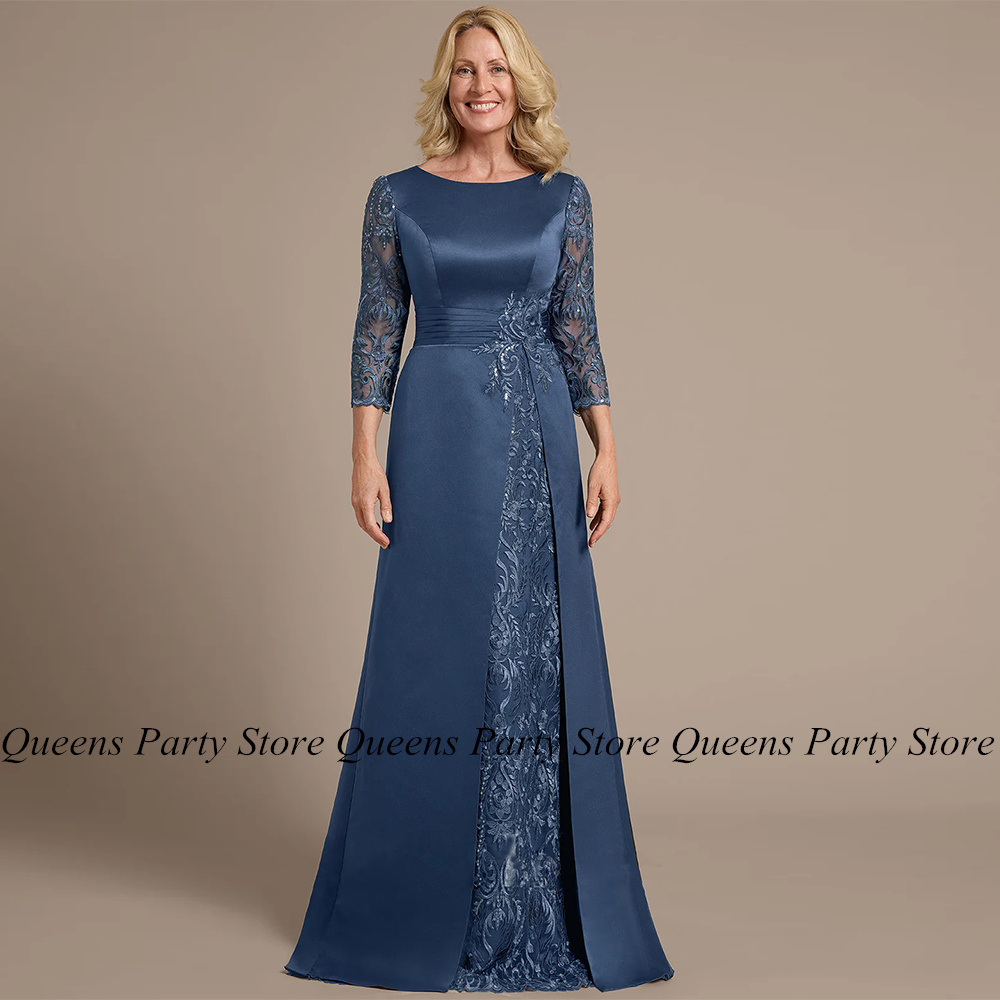 Spitze Satin Mutter der Braut Kleid Tintenblau Maßgeschneiderte 3/4 Ärmel Pailletten Applikation Abendkleid Mutter Hochzeit Party Kleider